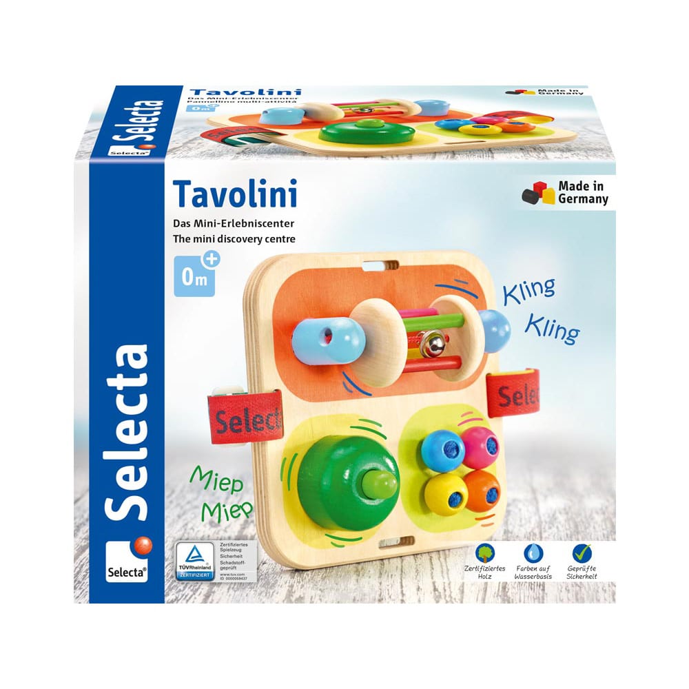 Boîte Tavolini, plateau multi-activités en bois pour les bébés de la marque Selecta.