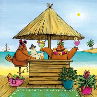 Carte postale éditions Titi-Pinson. Poules avec cocktails sous paillote en bord de mer.