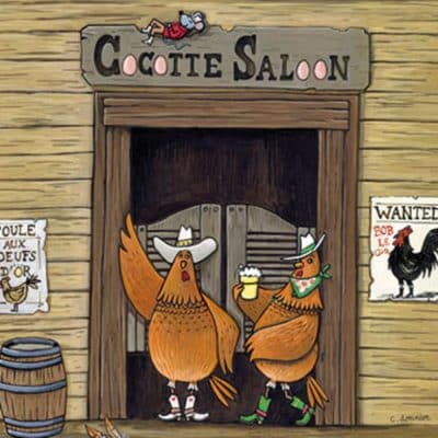 Carte postale éditions Titi-Pinson. Poules devant un saloon.