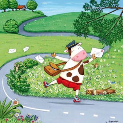 Carte postale éditions Titi-Pinson. Vache factrice en campagne.