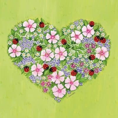 Carte postale éditions Titi-Pinson. Coeur végétal avec coccinelles.