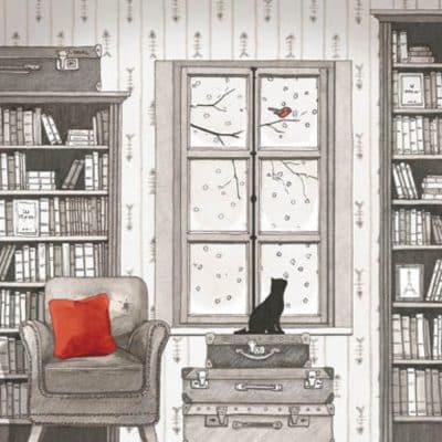 Carte postale éditions Titi-Pinson. Chat derrière une fenêtre en hiver.