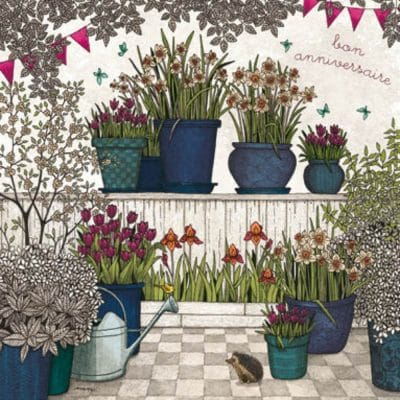 Carte postale éditions Titi-Pinson. Bon anniversaire, pots de fleurs dans véranda.