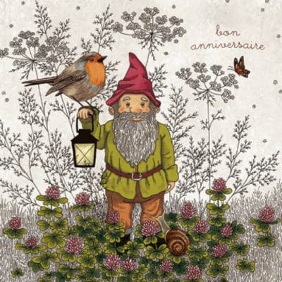 Carte postale éditions Titi-Pinson. Bon anniversaire, nain de jardin avec rouge gorge.