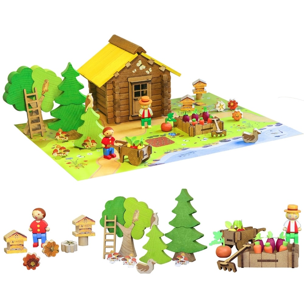 détails des accessoires et personnages du jeu de construction de la maison de la nature jeujura